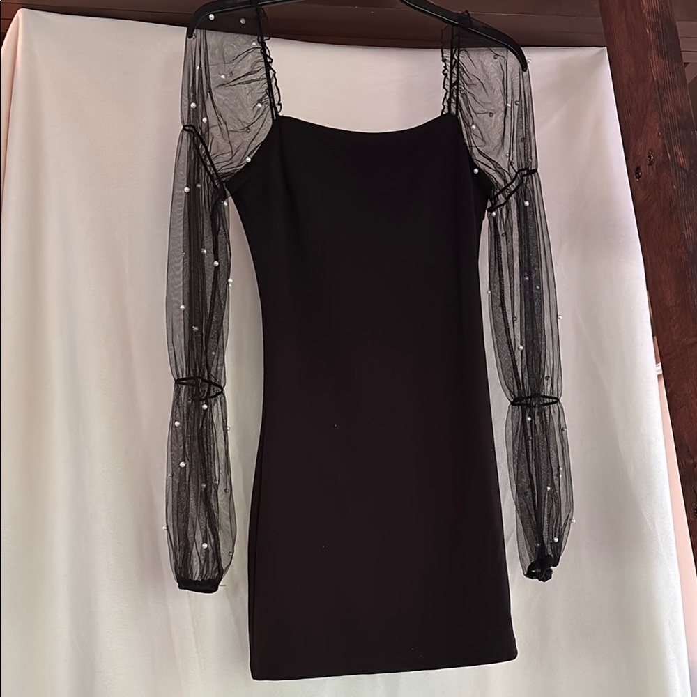 Black Dress with Sheer Sleeves with Pearls